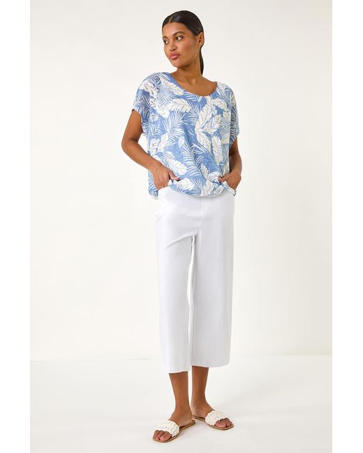 Roman Blue Leaf Print Lace Bubble Hem Top