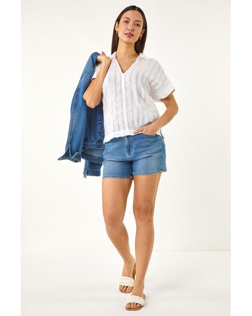 Roman Blue Textured Collar V-Neck Top