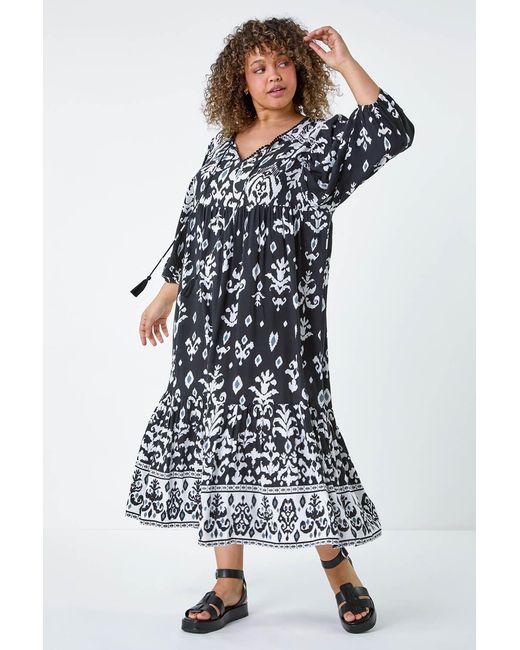 Roman Curve Blue Boho Print Tiered Midi Dress