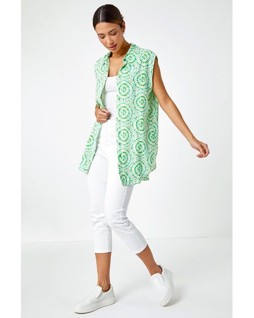 Roman Green Mosaic Print Sleeveless Blouse
