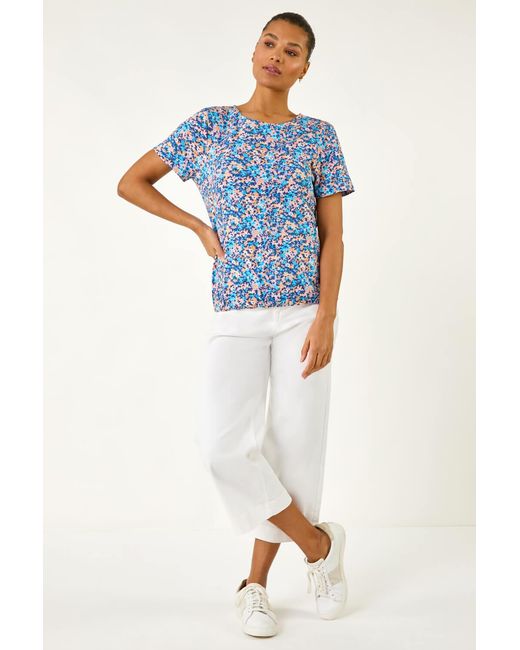 Roman Blue Floral Print Elasticated Hem Top
