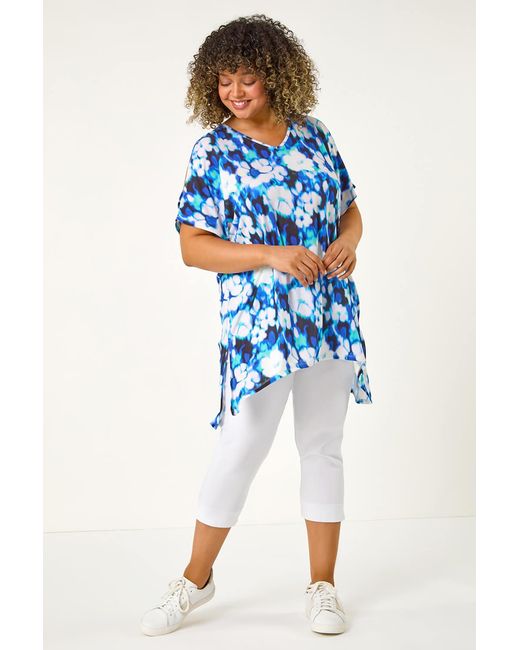 Roman Curve Blue Printed Hanky Hem Stretch Tunic Top