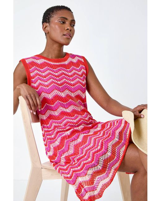 Roman Pink Zig Zag Print Knitted Shift Dress