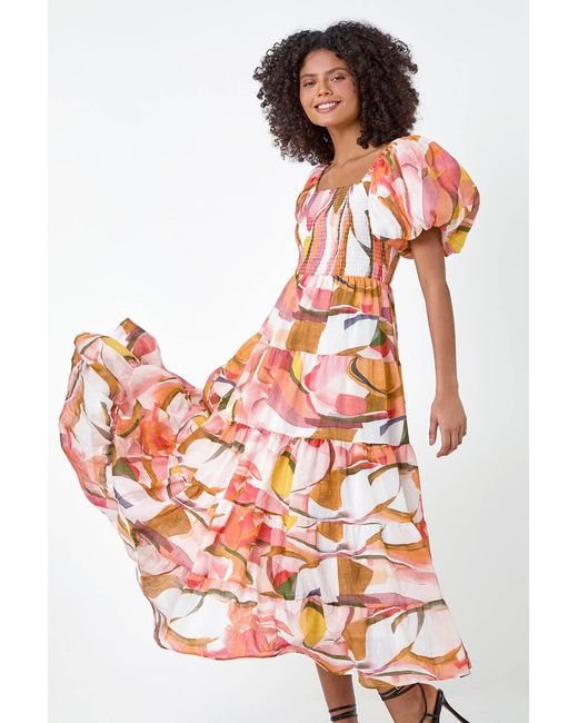 D.u.s.k Orange Abstract Tiered Puff Sleeve Midi Dress