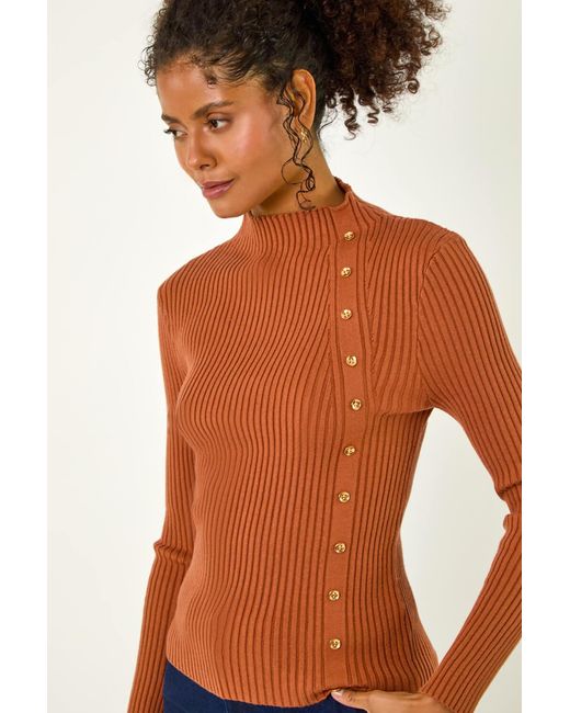 D.u.s.k Brown High Neck Button Detail Rib Jumper