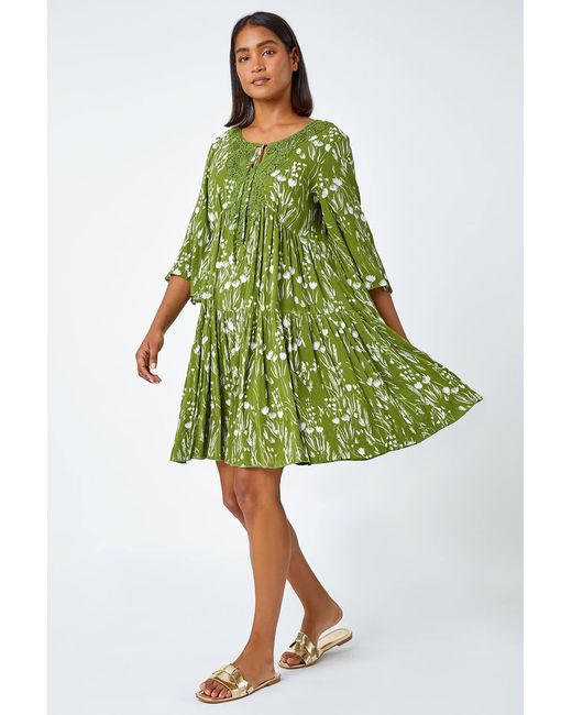 Roman Green Floral Print Lace Detail Smock Dress