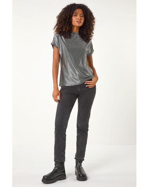 D.u.s.k Gray Metallic Cowl Neck Stretch Top