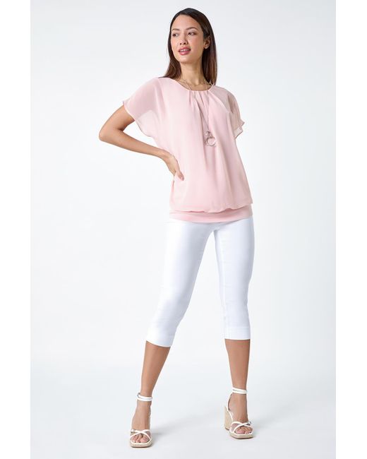 Roman Pink Chiffon Jersey Blouson Top With Necklace