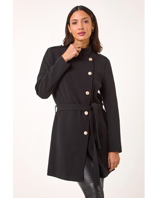Roman Black Funnel Neck Buttoned Coat