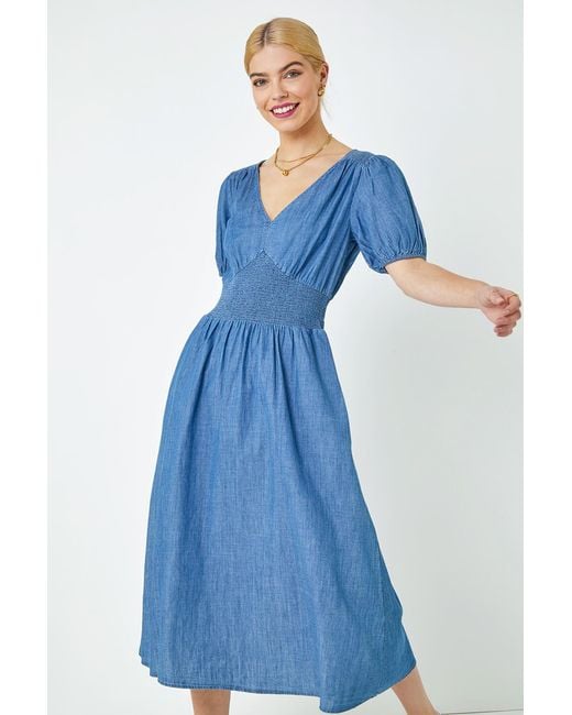D.u.s.k Blue Shirred Waist Pocket Midi Dress