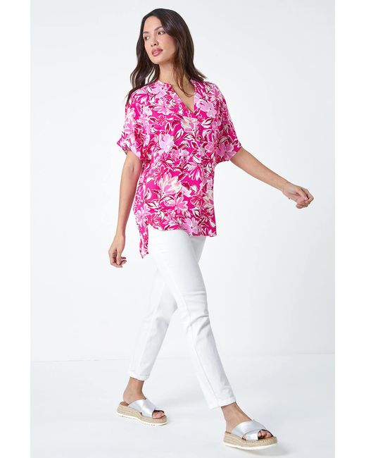 Roman Pink Floral Print V-Neck Pleat Front Overshirt