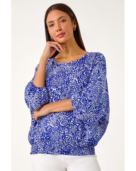 Roman Blue Printed Balloon Sleeve Shirred Hem Top