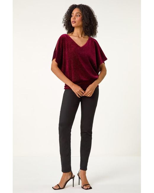 Roman Red Glitter Velvet Banded Hem Stretch Top