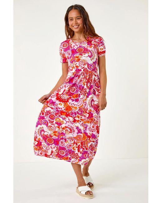 Roman Petite Red Paisley Print Midi Stretch Dress