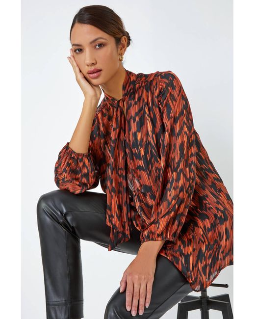 Roman Brown Animal Print Tie Neck Chiffon Top