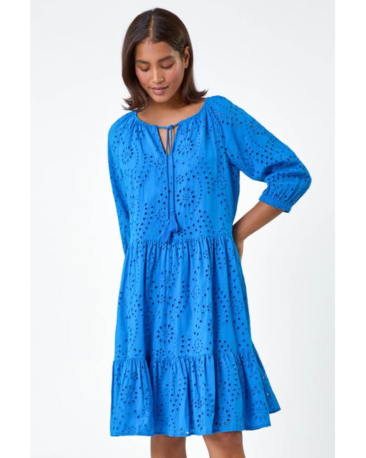Roman Blue Cotton Broderie Tiered Smock Dress