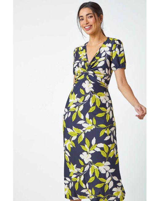 Roman White Leaf Twist Front Stretch Midi Dress