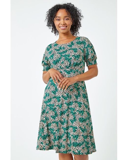 Roman Petite Green Shirred Sleeve Floral Dress