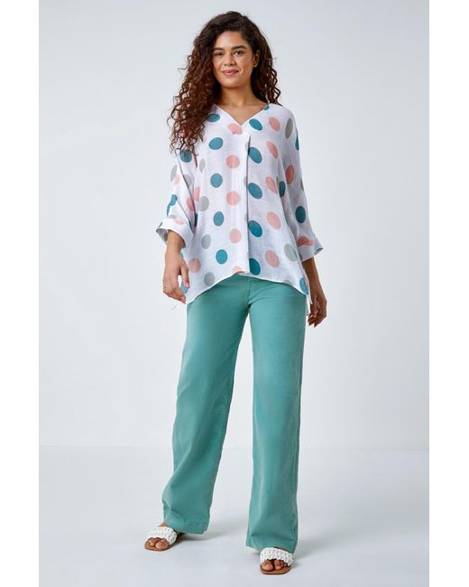 Roman Blue Polka Dot Print Pleat Front Top