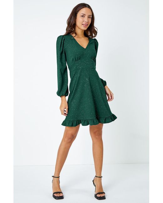 Roman Green Glitter Frill Hem Skater Dress