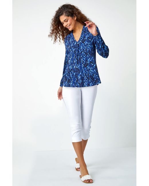Roman Blue Aztec Print Pleated V-Neck Stretch Top