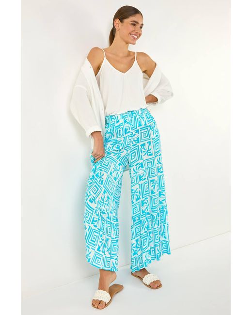 Roman Blue Palm Tile Print Tiered Palazzo Trouser