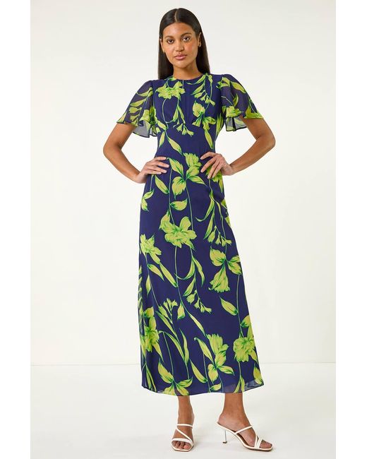 Roman Blue Leaf Print Back Tie Midi Dress