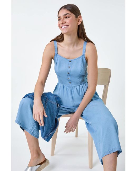 Roman Blue Denim Shirred Back Strappy Jumpsuit