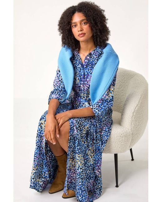 Roman Blue Animal Leopard Print Midi Shirt Dress