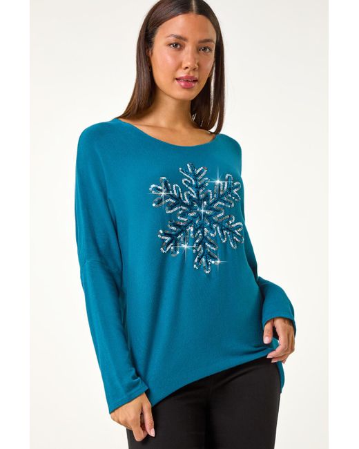 Roman Blue Embellished Snowflake Stretch Top