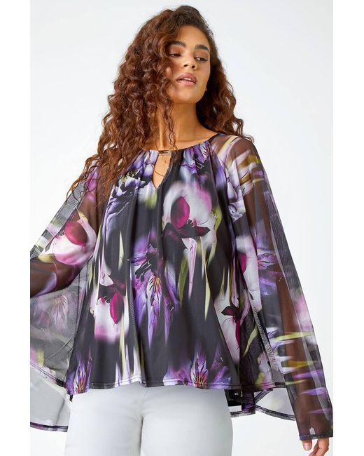 Roman Purple Floral Print Mesh Stretch Top