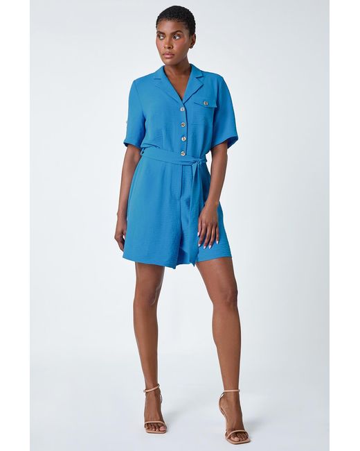 Roman Blue Textured Tie Waist Playsuit