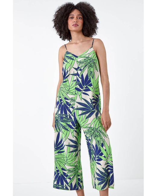Roman Green Tropical Leaf Cropped Jumpsuit