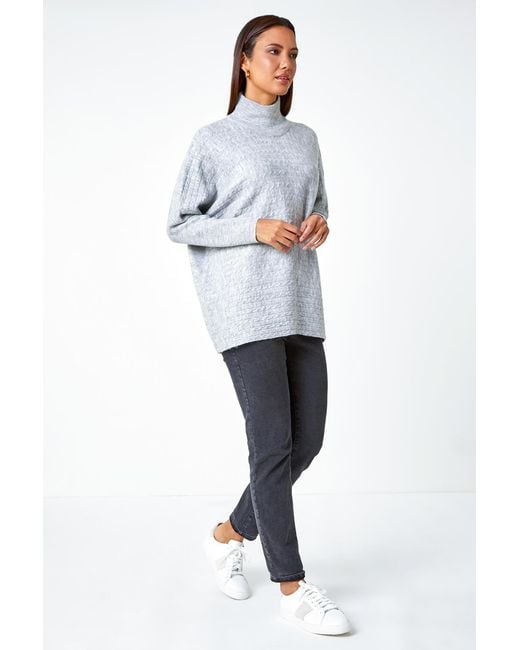 Roman White Cable Knit Roll Neck Stretch Longline Jumper