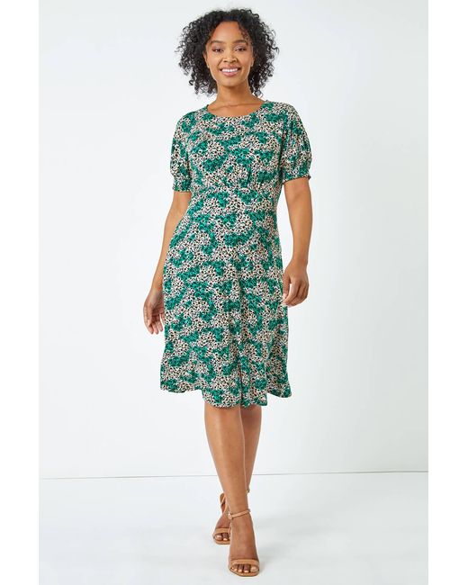 Roman Petite Green Shirred Sleeve Floral Dress