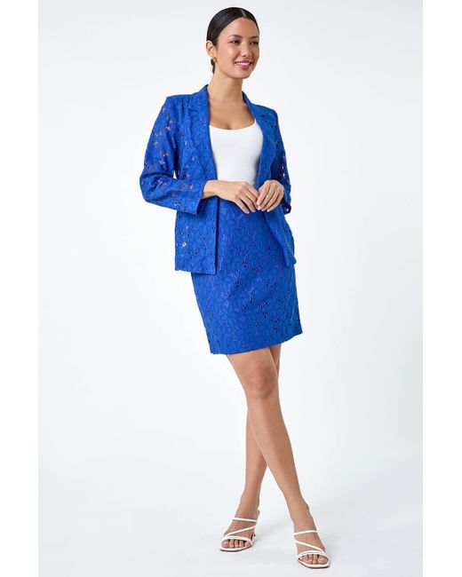 Roman Blue Cotton Blend Floral Lace Skirt