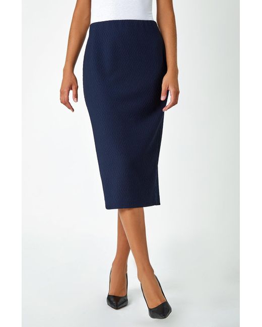 Roman Blue Textured Elastic Waist Pencil Midi Skirt