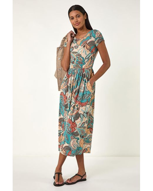 Roman Blue Paisley Print Short Sleeve Midi Dress