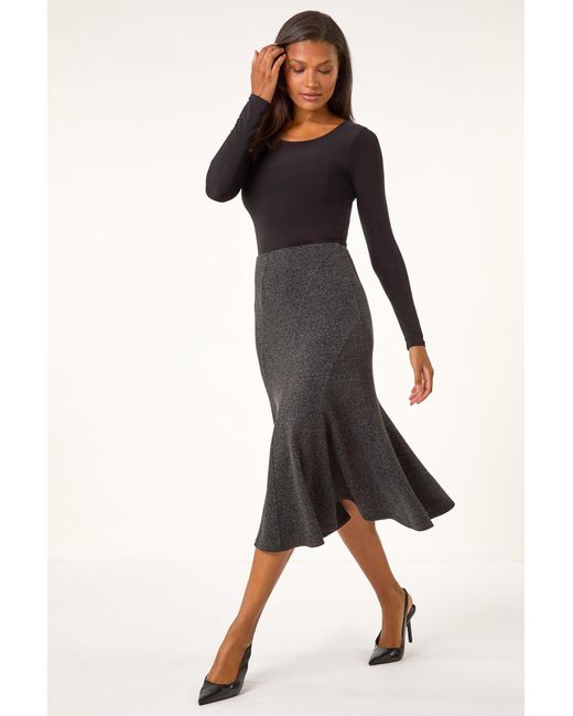 Roman Black Flared Textured Midi Stretch Skirt
