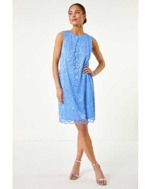 Roman Petite Blue Bow Back Lace Shift Dress
