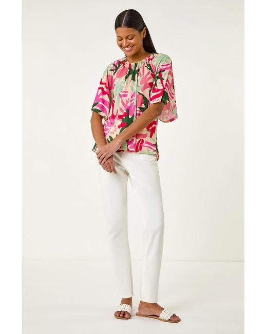 Roman Pink Printed Raglan Sleeve Stretch Top