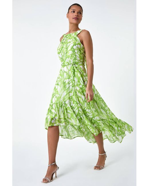 Roman Green Halter Neck Butterfly Print Asymmetric Dress