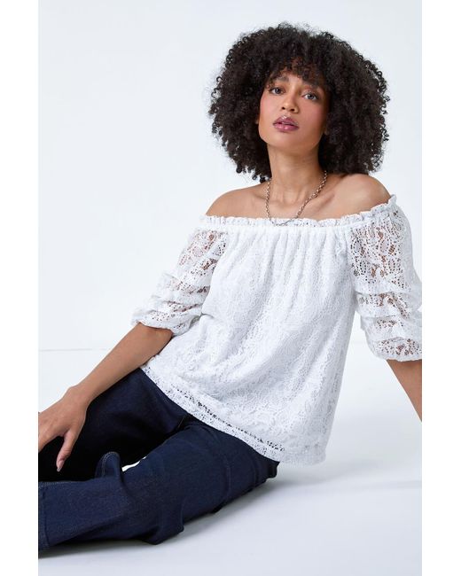 Roman White Lace Ruched Sleeve Bardot Top