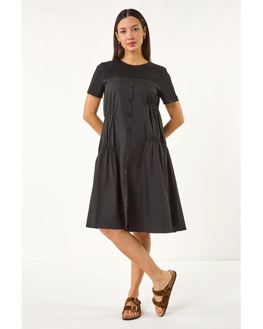 Roman Black Gathered Mix Smock Dress