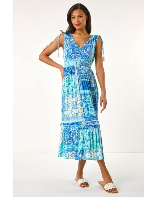 Roman Blue Patchwork Shimmer Maxi Dress