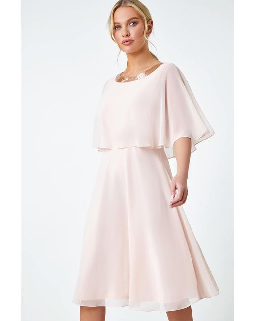 Roman Petite White Sequin Trim Chiffon Cape Dress