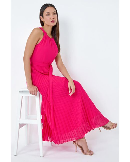 Roman Pink Pleated Halter Neck Maxi Dress