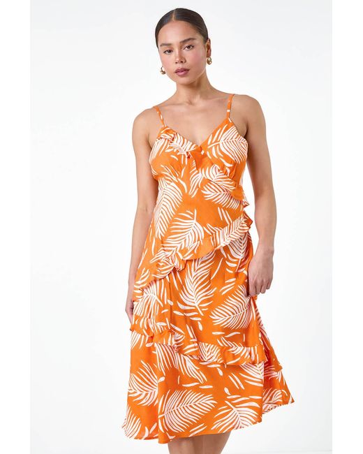 Roman Petite Orange Leaf Print Frill Midi Dress