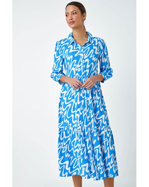 Roman Blue Wave Print Tiered Shirt Dress