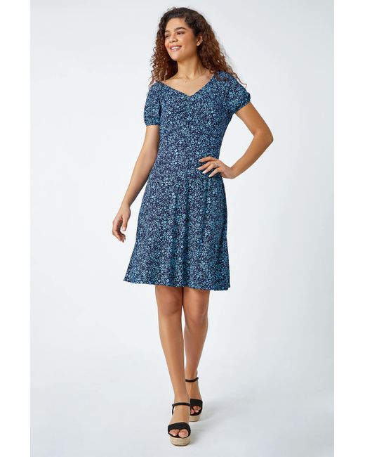 Roman Blue Ditsy Floral Stretch Ruched Dress
